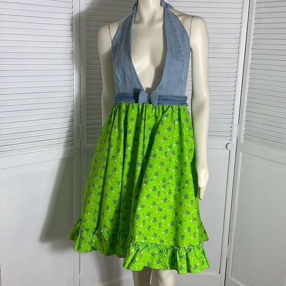 NWT Vintageinc Handmade Denim Halter Top Full Circle Dress Free Size - Picture 1 of 16